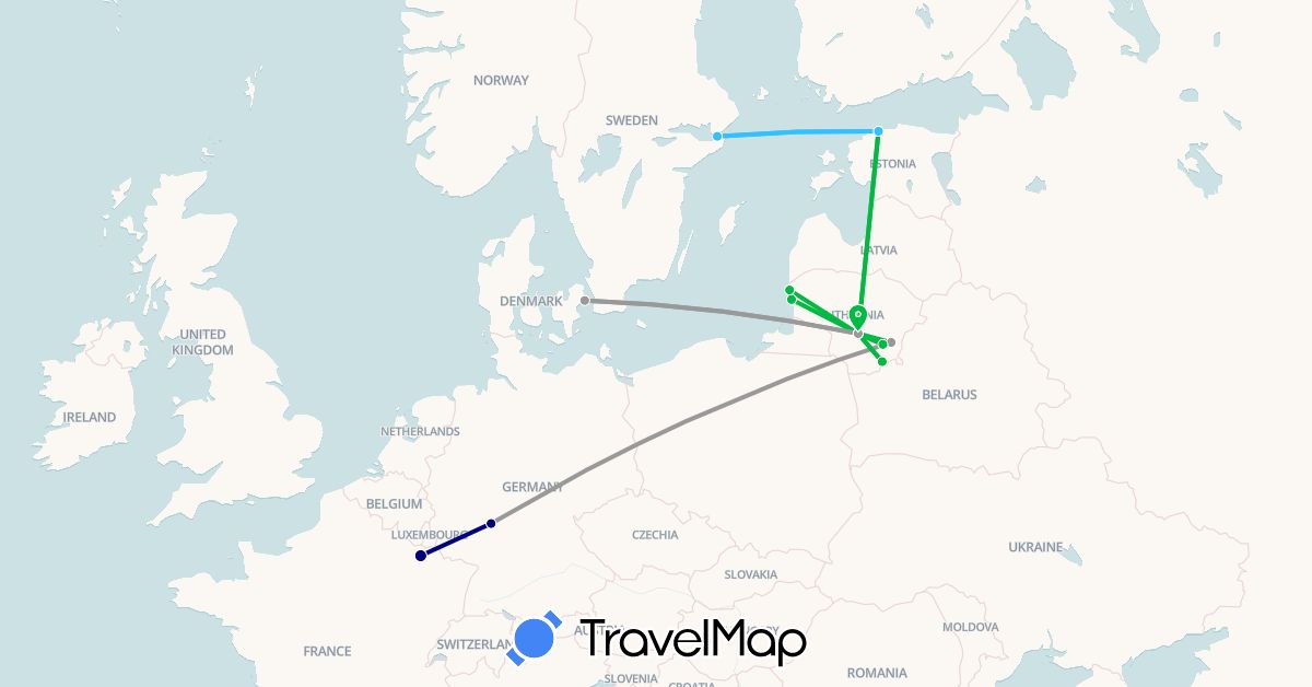 TravelMap itinerary: driving, bus, plane, boat in Germany, Denmark, Estonia, France, Lithuania, Sweden (Europe)